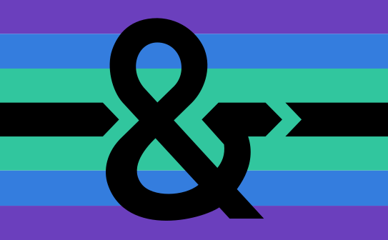 The Treble Ampersand Flag is our choosen symbol for the podcast, it is meant to be an all-inclusive pride flag for everyone under the plural umbrella, it was created in the dreamwidth comunity